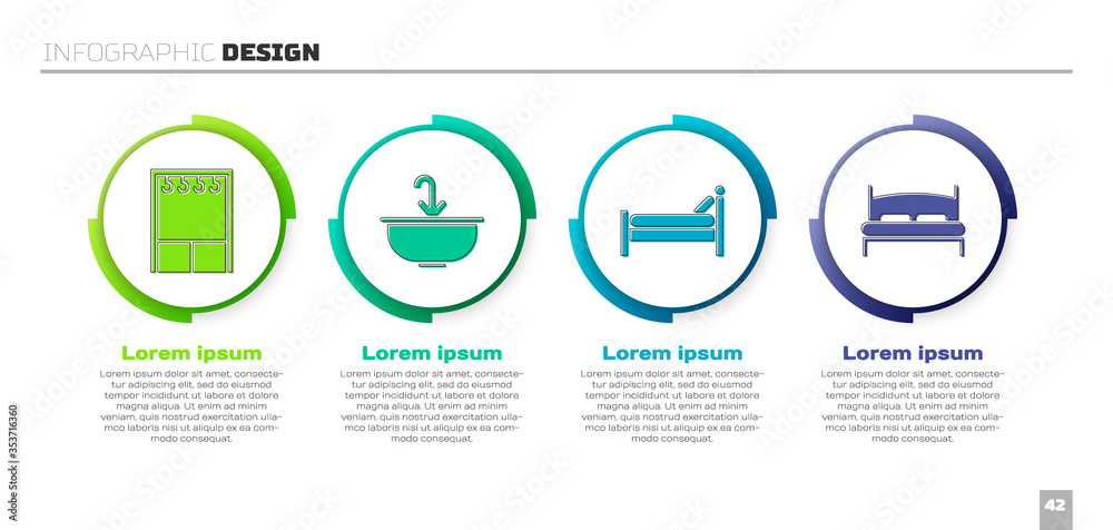 套装衣柜、带水龙头的洗手盆、床和大床。商业信息图模板。矢量。