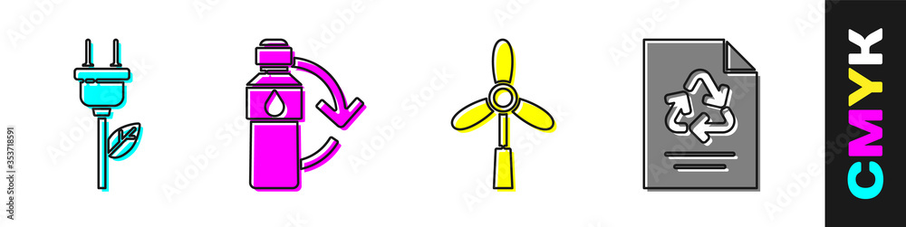 Set Electric saving plug in leaf, Recycling plastic bottle, Wind turbine and Paper with recycle icon