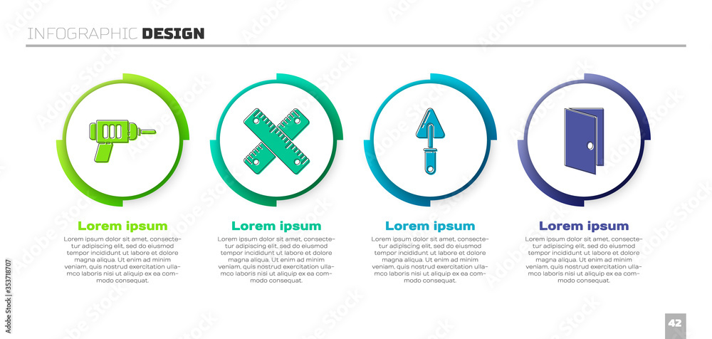 Set Electric drill machine, Crossed ruler, Trowel and Closed door. Business infographic template. Ve