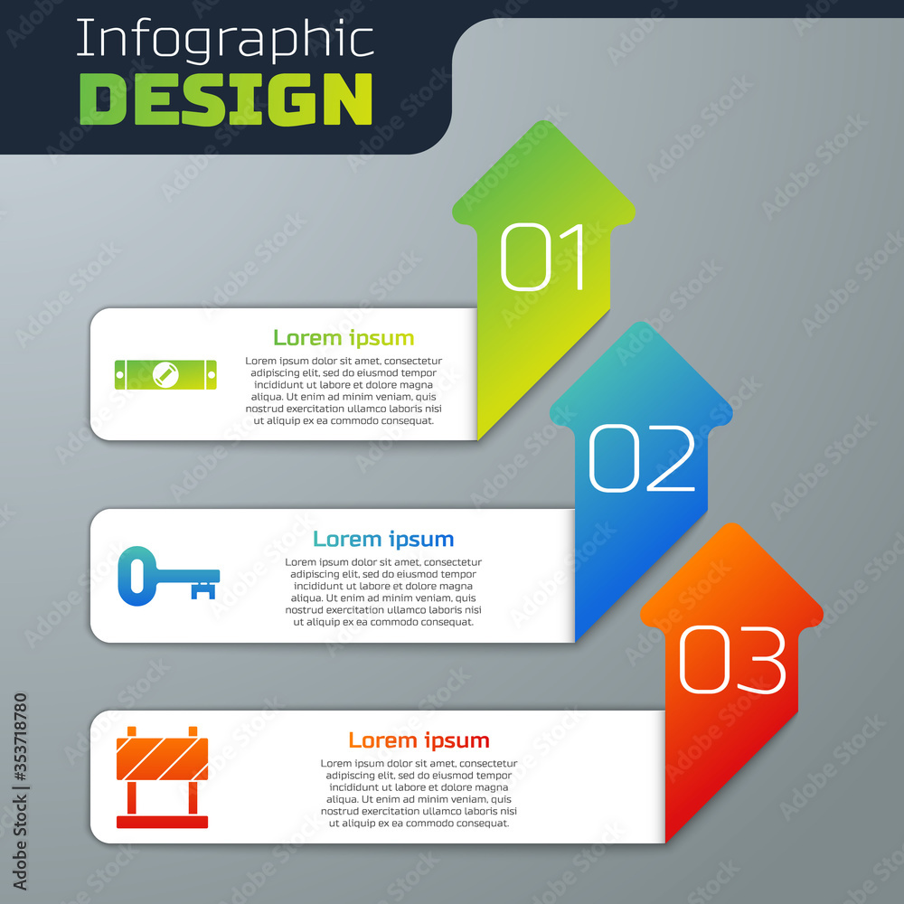 Set Construction bubble level, Old key and Road barrier. Business infographic template. Vector.