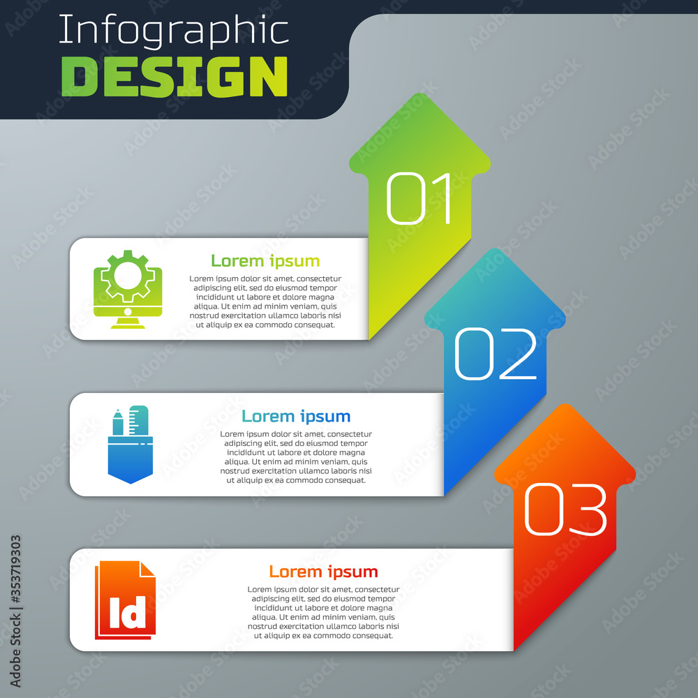 Set Computer monitor and gear, Crossed ruler and pencil and ID File document. Business infographic t