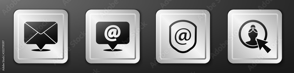 Set Envelope, Mail and e-mail, Shield with mail and e-mail and Create account screen icon. Silver sq