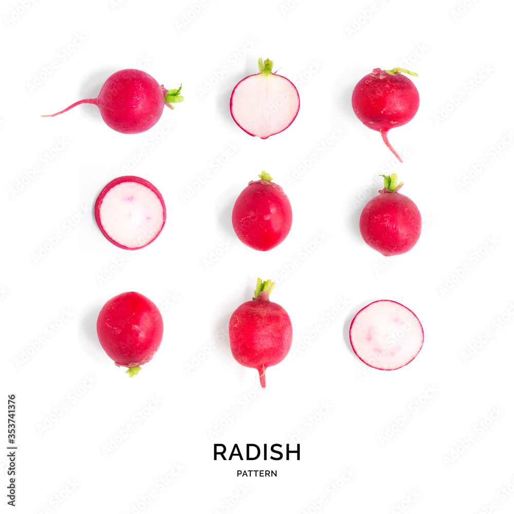 Seamless pattern with radish. Tropical abstract background. Radish on the white background.