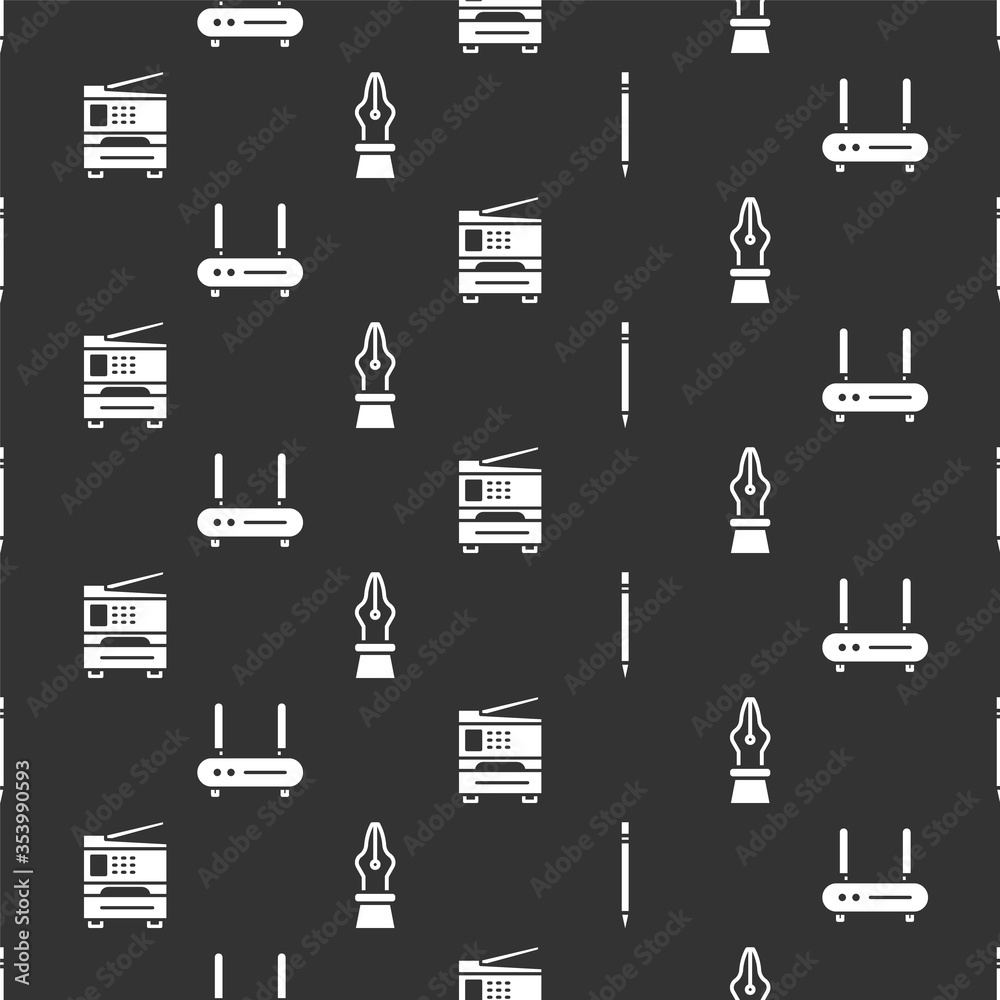 将铅笔与橡皮擦、路由器和无线网络信号、打印机和喷泉笔尖设置在无缝图案上。V