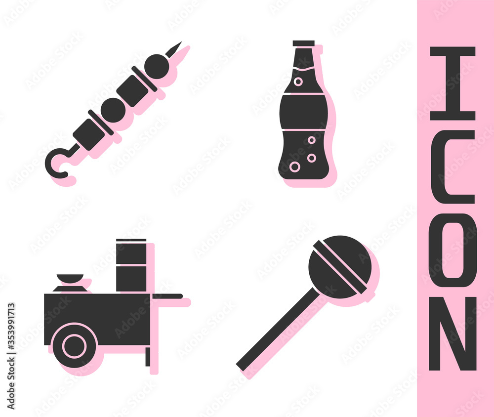 Set Lollipop, Grilled shish kebab, Fast street food cart and Bottle of water icon. Vector.