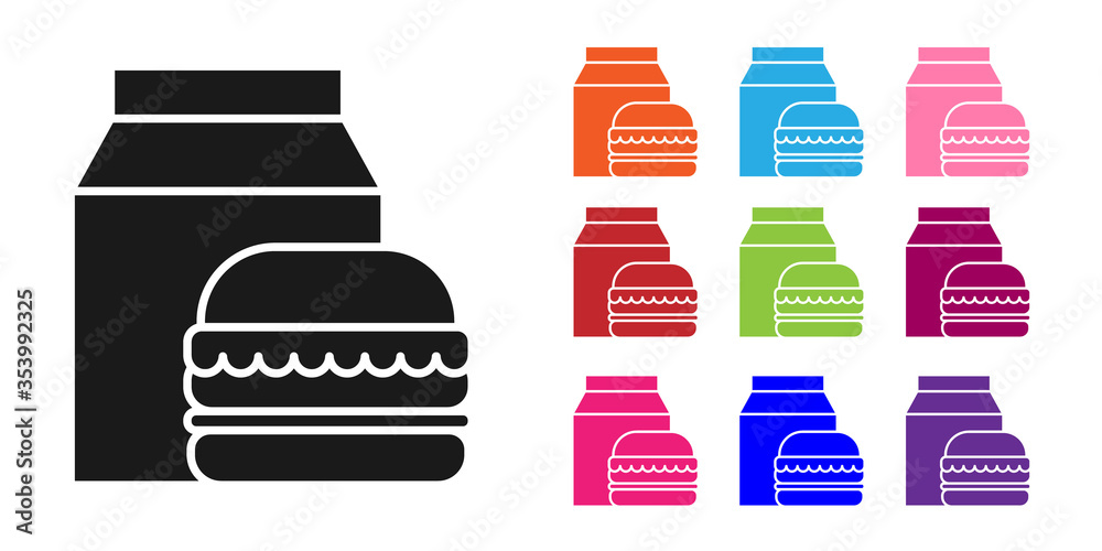 黑色在线点餐和汉堡配送图标隔离在白色背景上。将图标设置为彩色。Vec