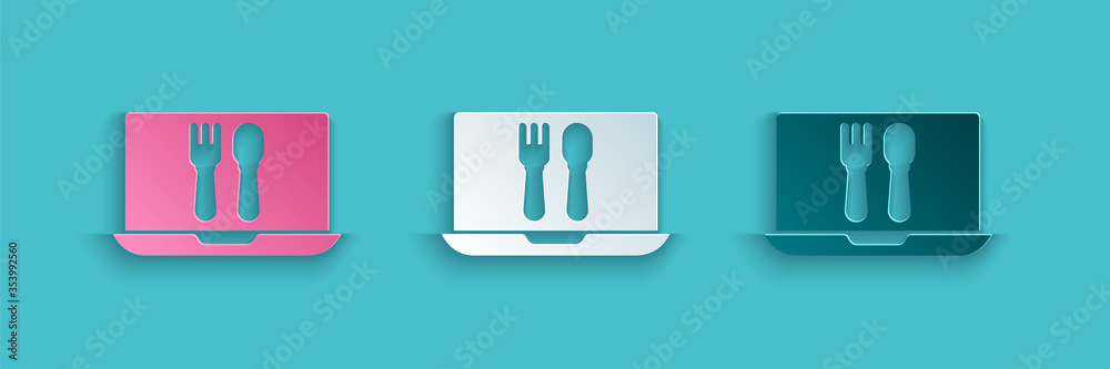 Paper cut Online ordering and fast food delivery icon isolated on blue background. Paper art style. 