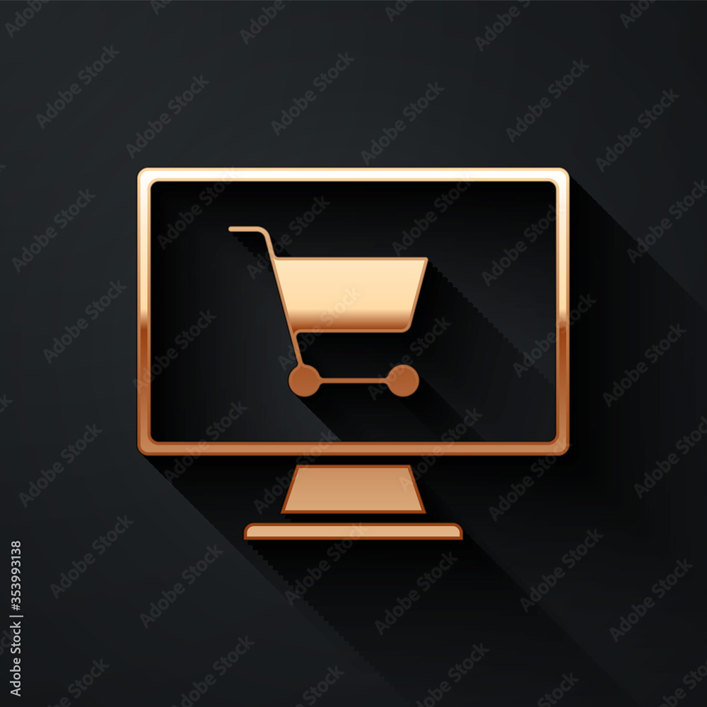 Gold Shopping cart on screen computer icon isolated on black background. Concept e-commerce, e-busin