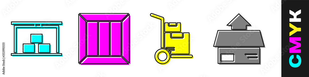 设置仓库、木箱、手推车和箱子以及纸箱纸板箱图标。矢量。