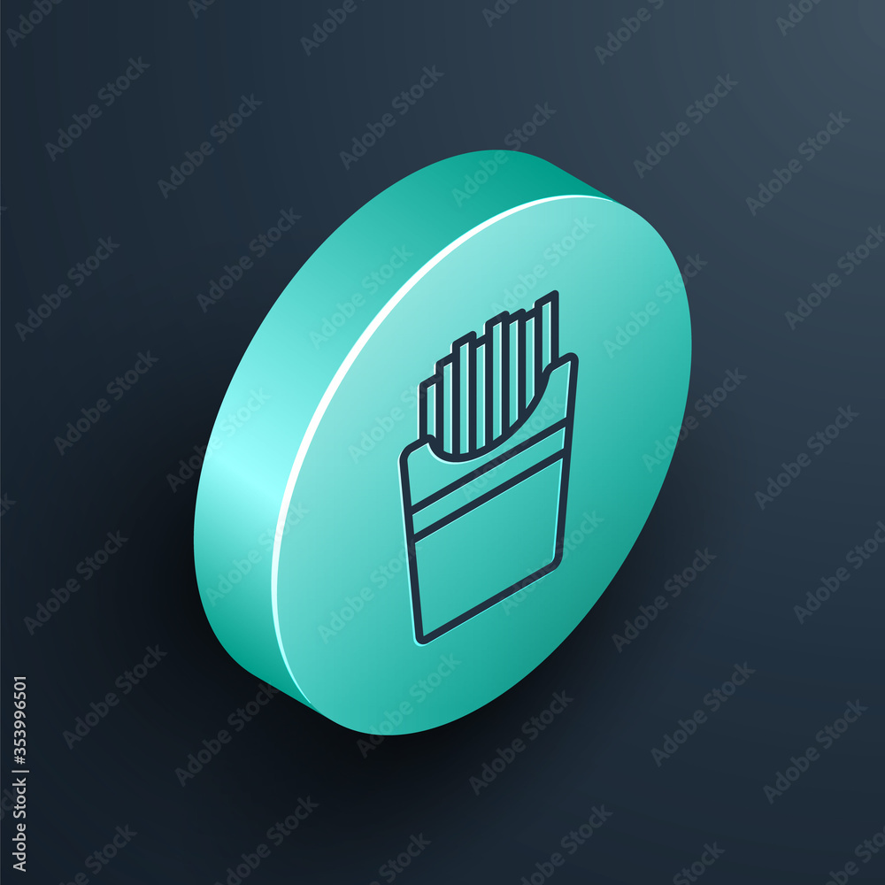 Isometric line Potatoes french fries in carton package box icon isolated on black background. Fast f