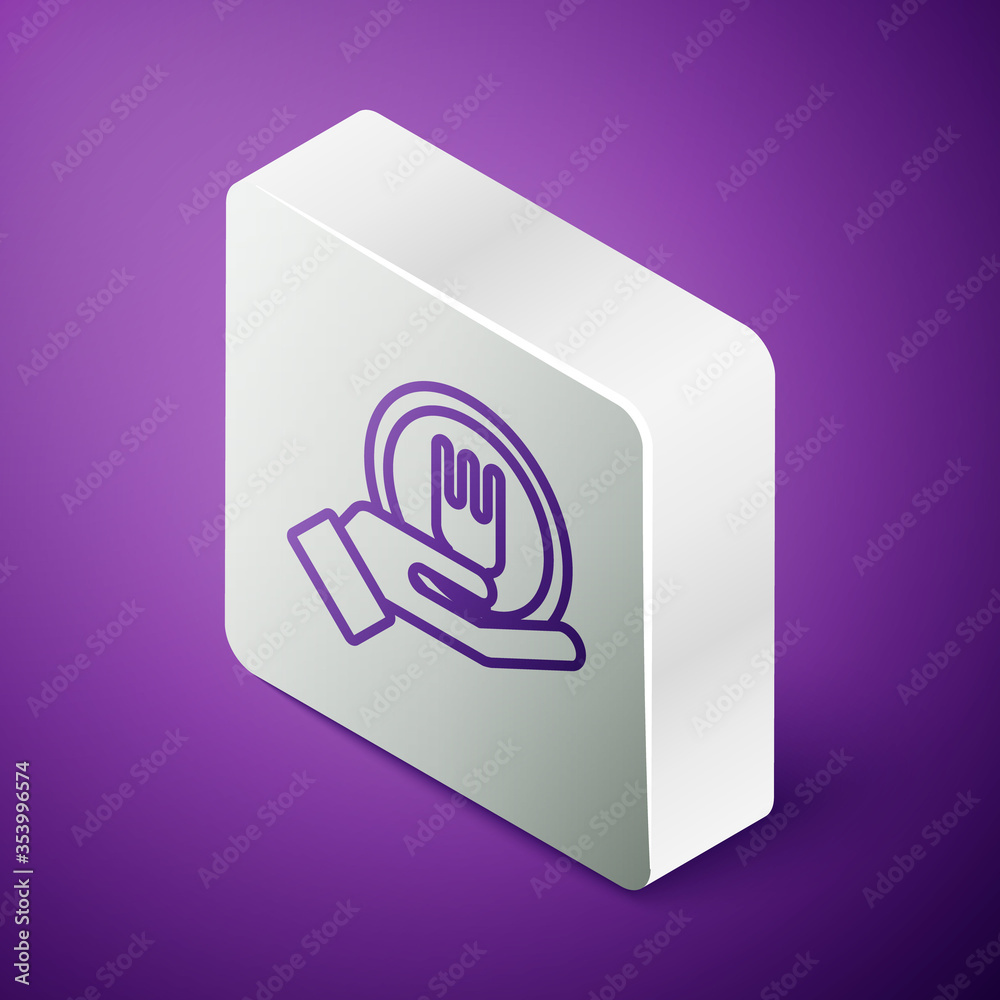 Isometric line Online ordering and fast food delivery icon isolated on purple background. Silver squ