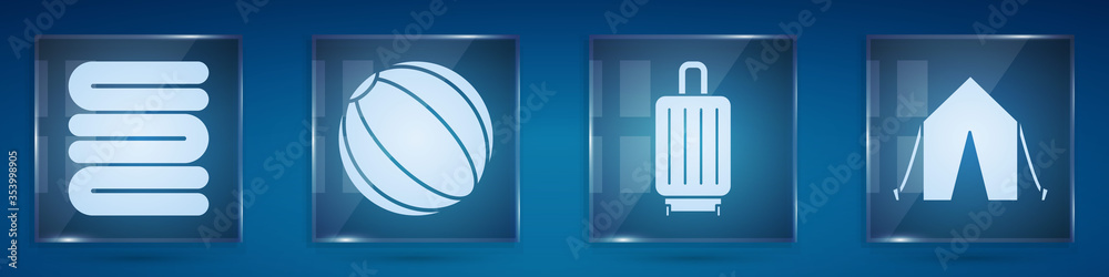 Set Towel stack, Beach ball, Suitcase and Tourist tent. Square glass panels. Vector.