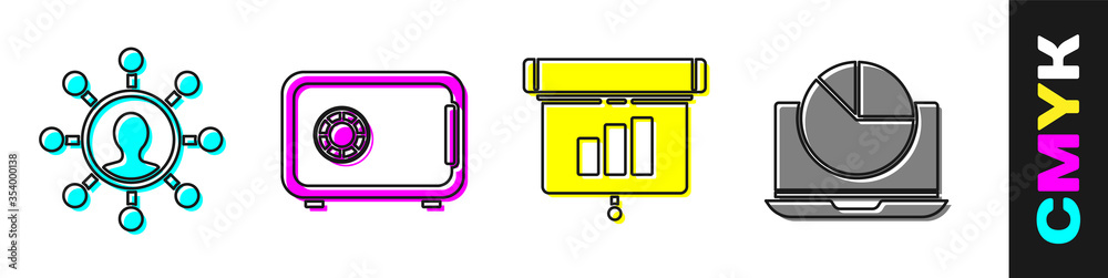 Set Business network and communication, Safe, Graph, chart, diagram, infographic and Laptop with gra