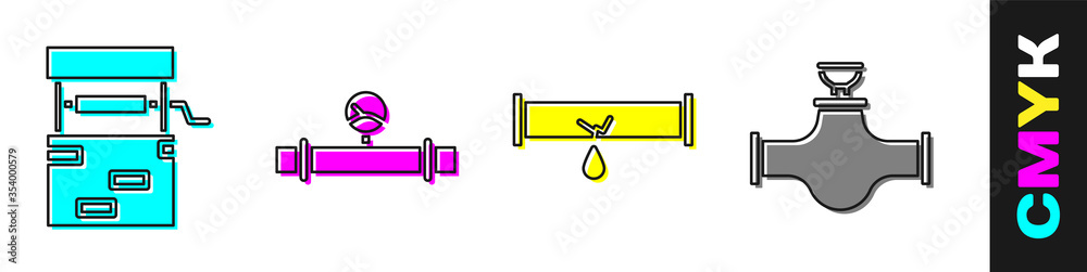 Set Well, Industry pipe and manometer, Broken pipe with leaking water and Industry pipe and valve ic