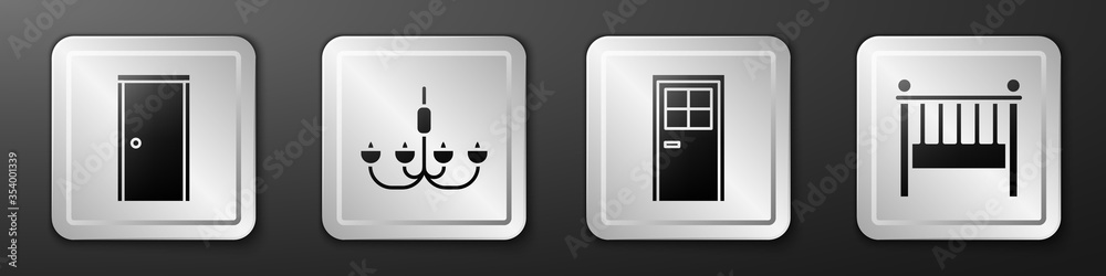 Set Closed door, Chandelier, Closed door and Baby crib cradle bed icon. Silver square button. Vector