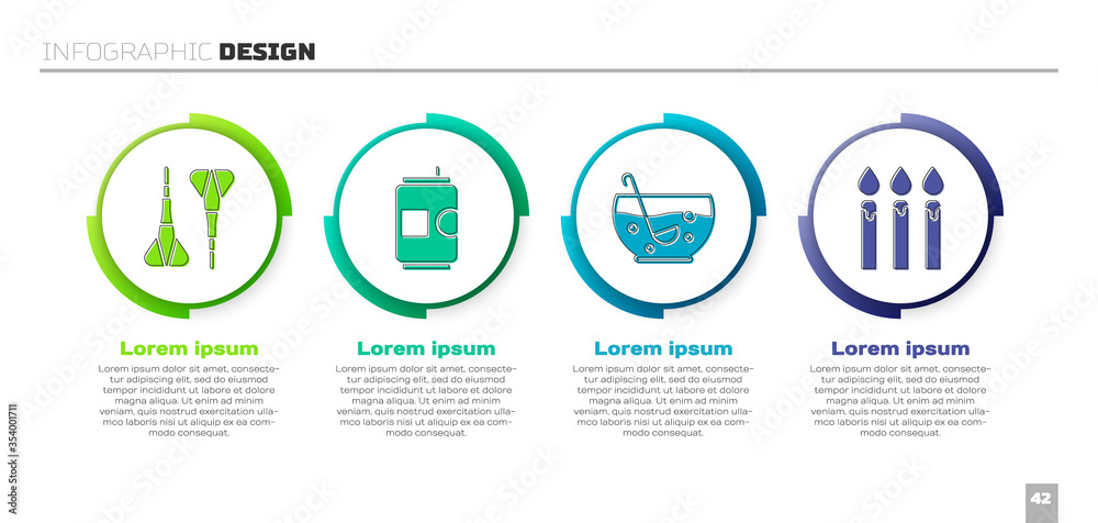 设置飞镖箭头，啤酒罐，混合冲压碗和生日蛋糕蜡烛。商业信息图templa