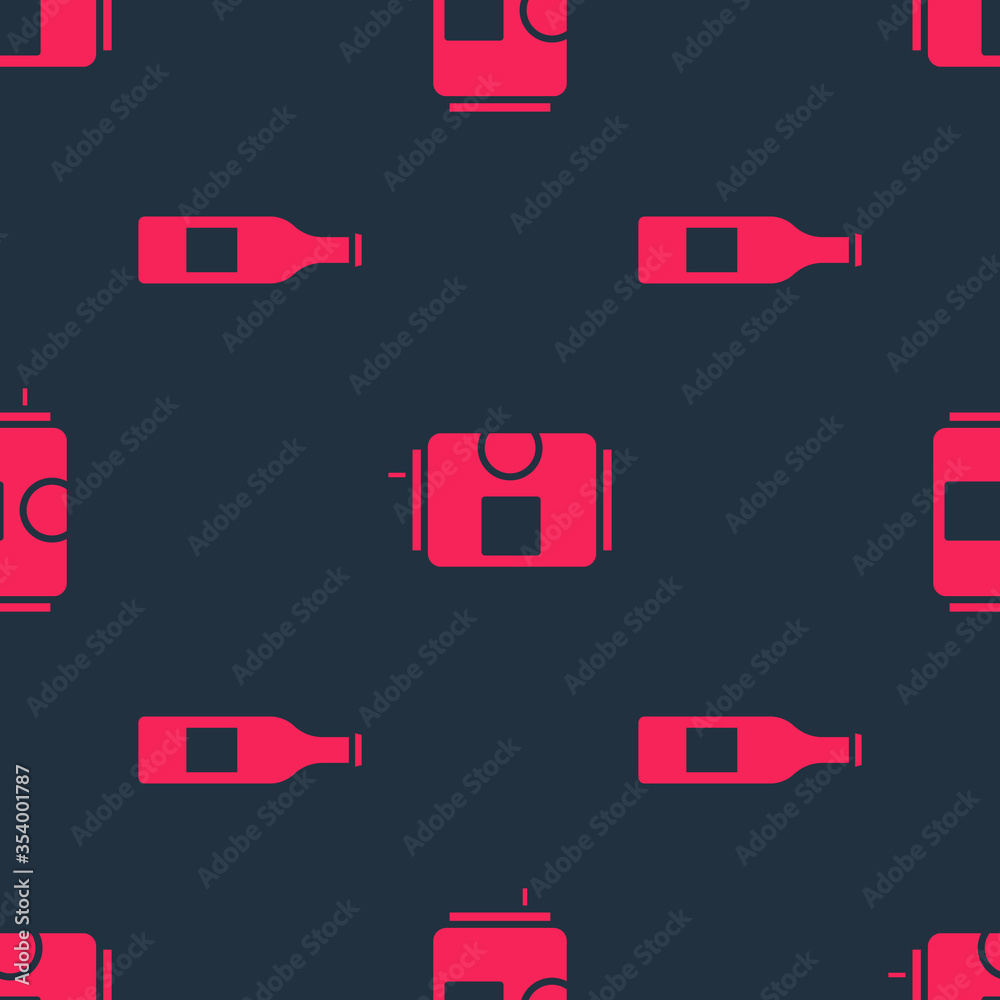 Set Beer bottle and Beer can on seamless pattern. Vector.