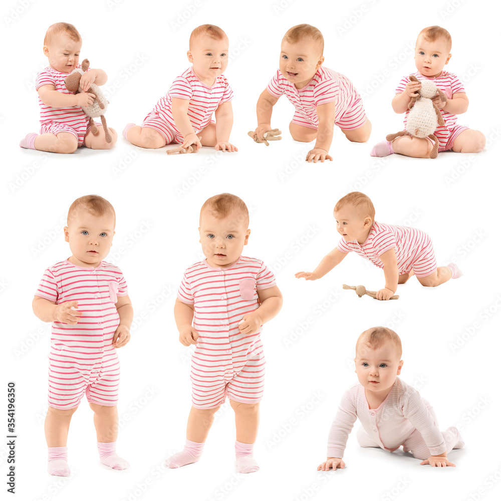 Collage with cute little baby on white background