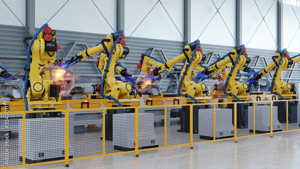 Robotic automotive assembly in factory.