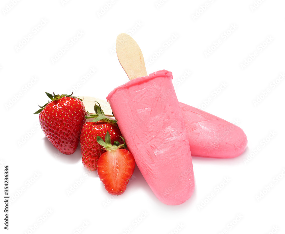 Tasty strawberry ice cream on white background