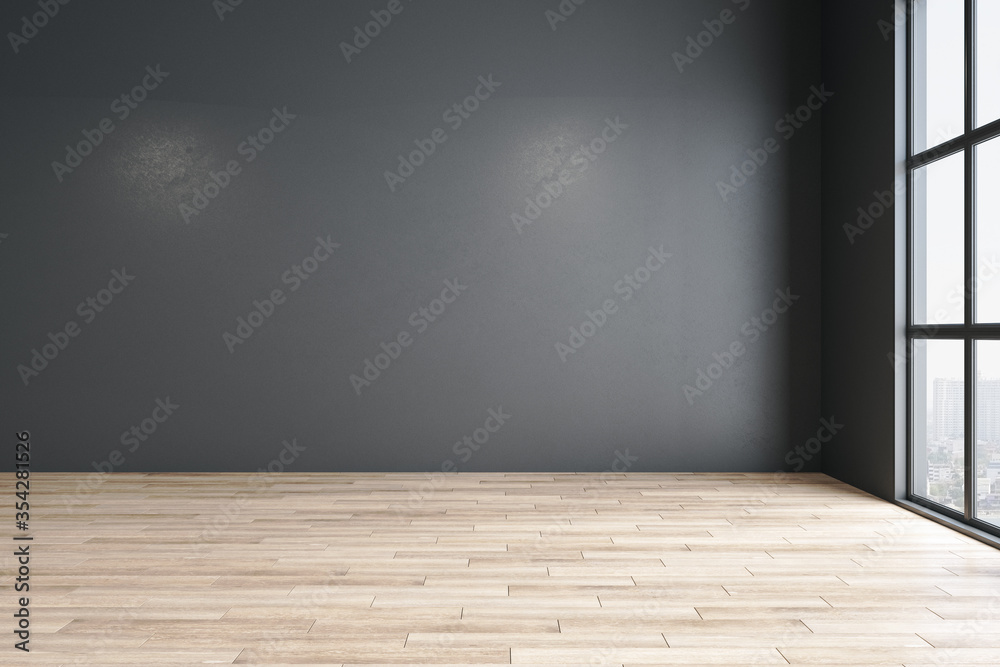 Modern gallery interior with blank gray wall and wooden floor.