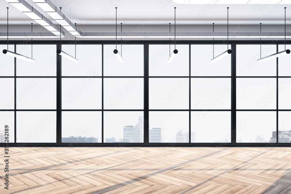 Clean office hall interior with wooden floor