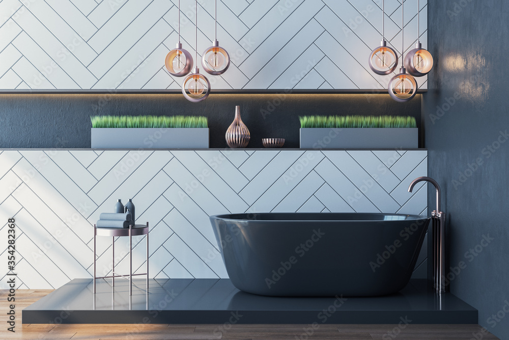 Luxury bathroom interior with black bath