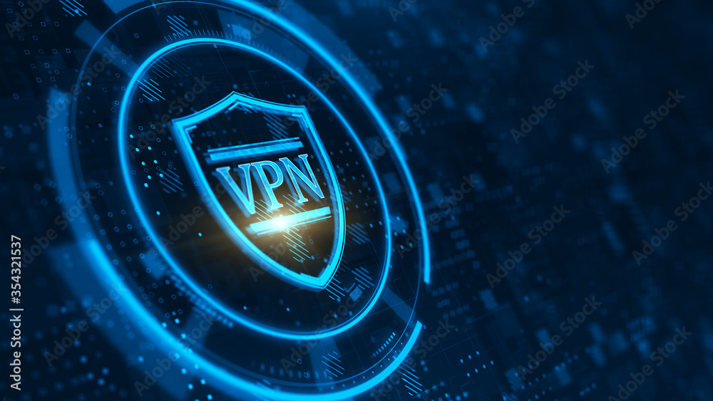 VPN on shield icon - VPN network security, internet privacy concept. 3d rendering