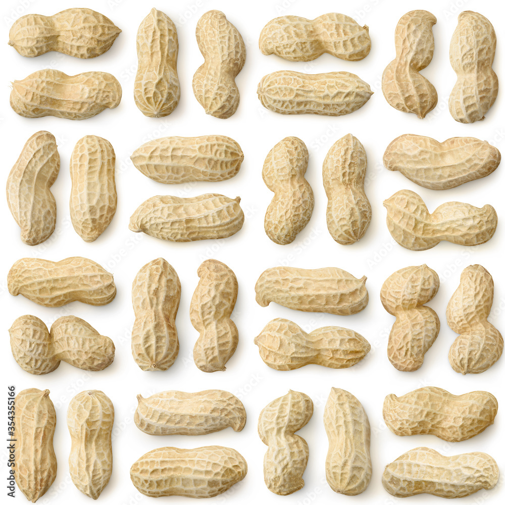 Shelled peanuts on white background, seamless square pattern