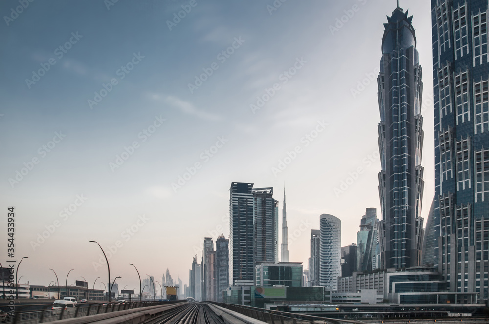 City view of Downtown skyline along Sheikh Zayed road from the metro