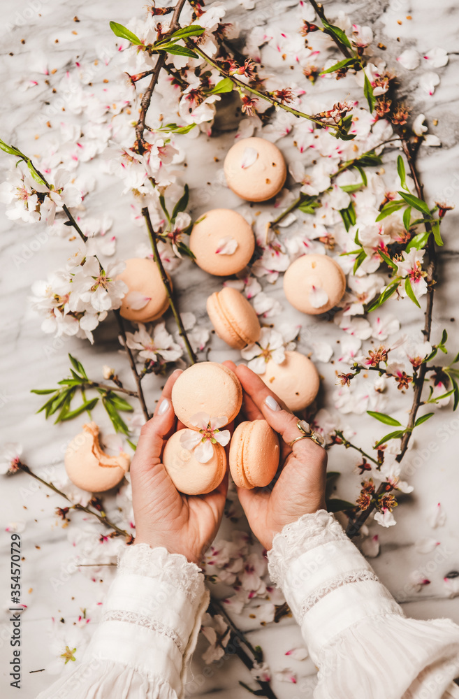 Flat-lay of womans hands holding sweet macaron cookies and white spring blossom flowers and branches