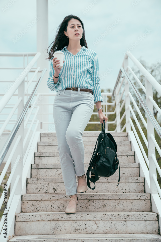 商务饮料的生活方式和人的概念。亚洲和日本年轻女商人的全长