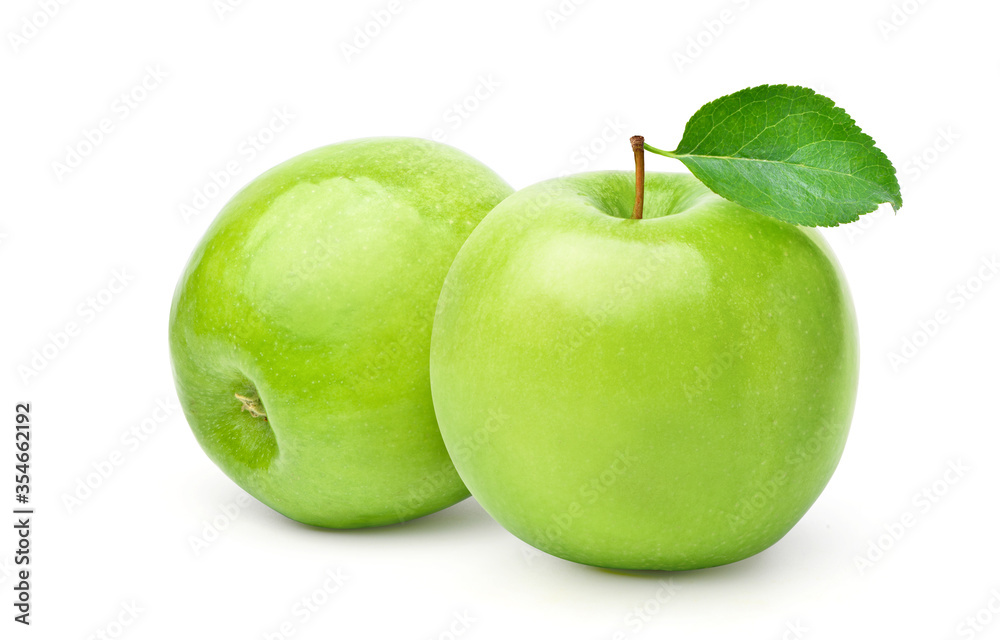 Two Fresh green apples with green leaf isolated on white background.