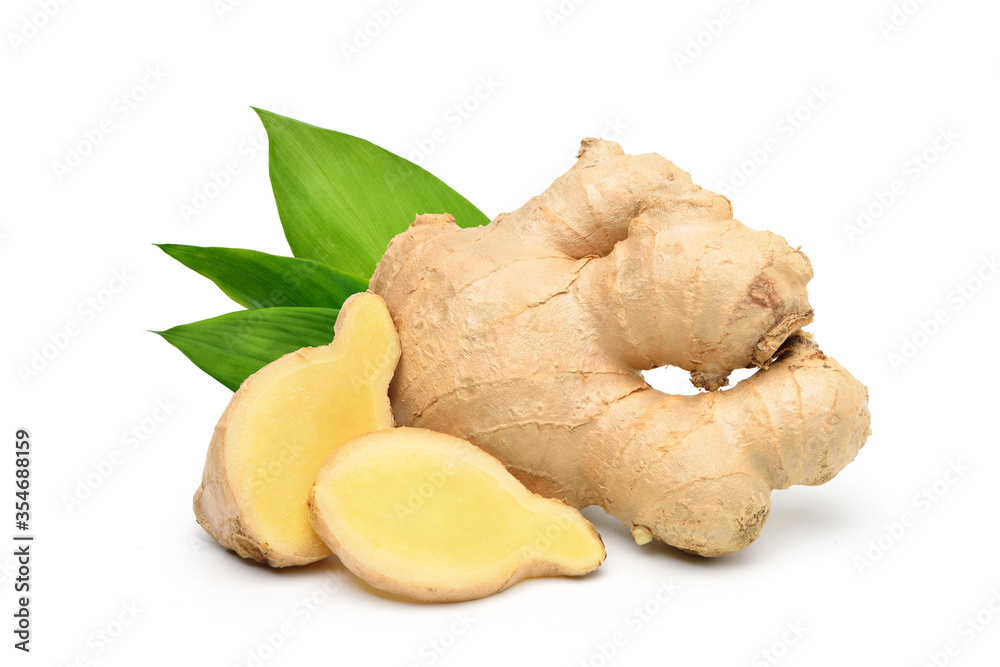 Fresh ginger rhizome with sliced and green leaves isolated on white background.