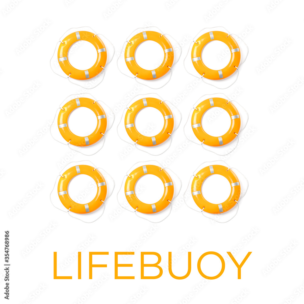 Many lifebuoy rings on white background