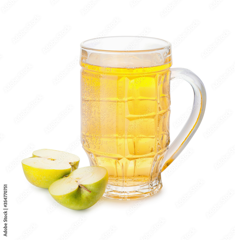 Mug of apple cider on white background