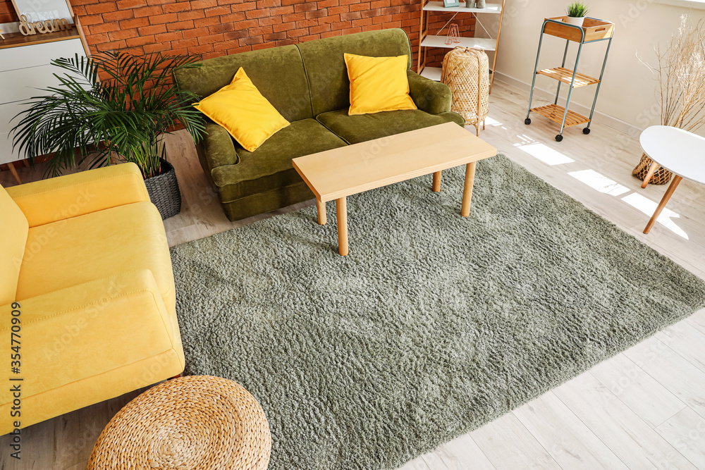 Stylish interior of living room with carpet