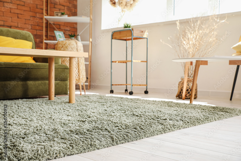 Stylish interior of living room with carpet