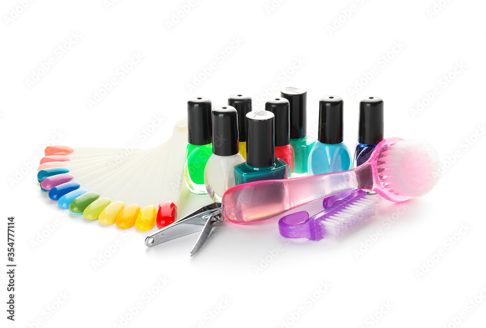 Supplies for manicure on white background