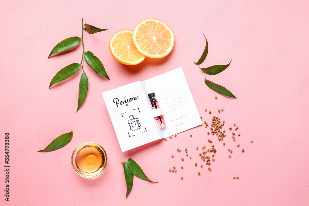 Perfume sample on color background