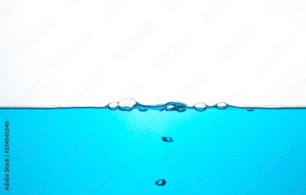 Water and blue bubbles on a white background