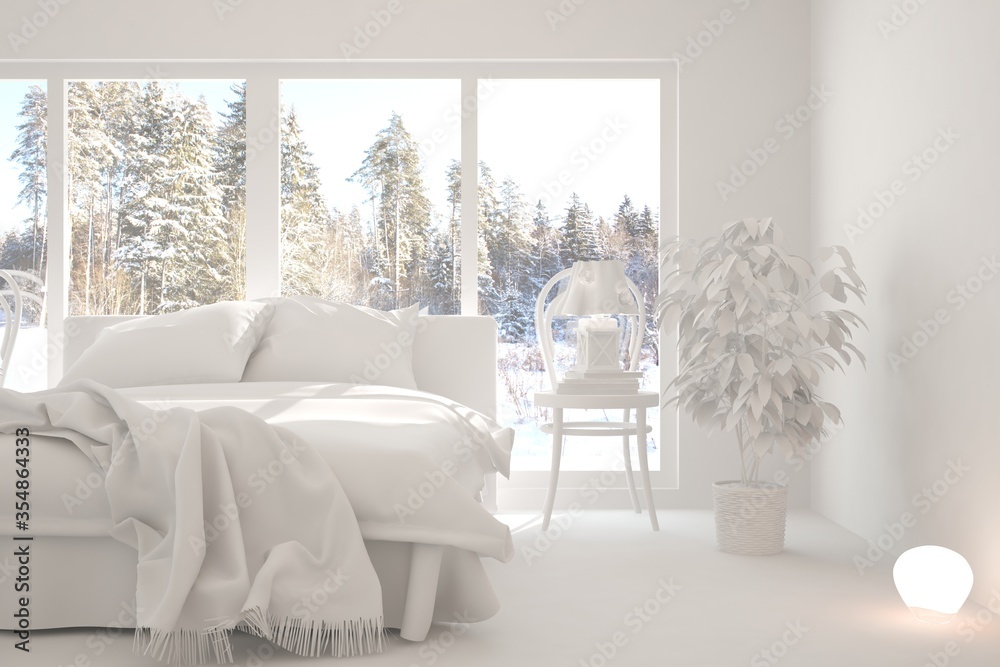 Modern bedroom in white color. Scandinavian interior design. 3D illustration