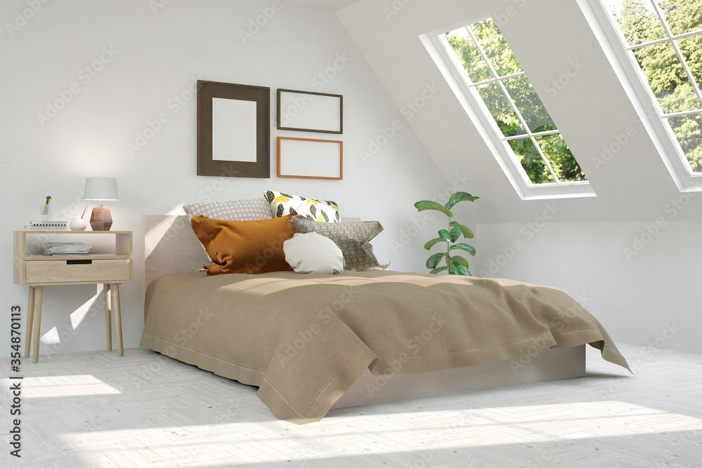 White bedroom interior. Scandinavian design. 3D illustration