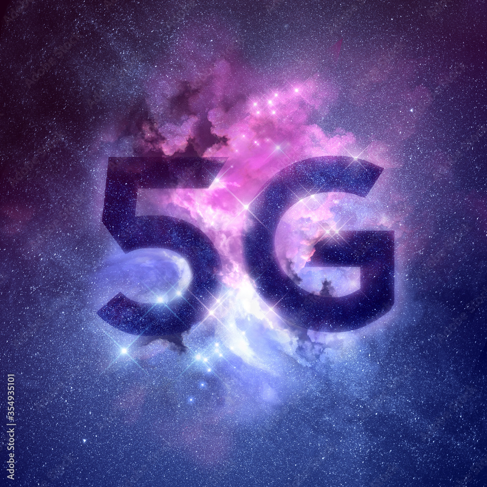 星星上写着5G的星系星云。快速5G移动无线网络技术概念。