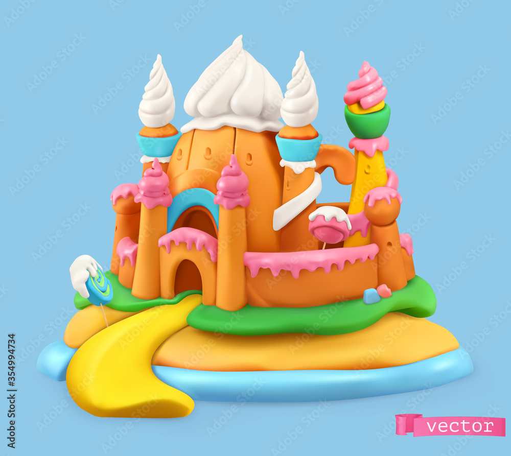 Sweet castle. 3d vector object. Plasticine art illustration