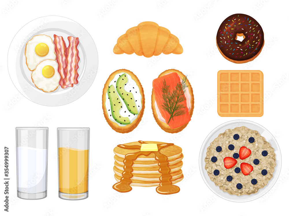 Collection of tasty breakfast on a white background. Sandwiches, eggs, waffle, pancake, porridge. Is