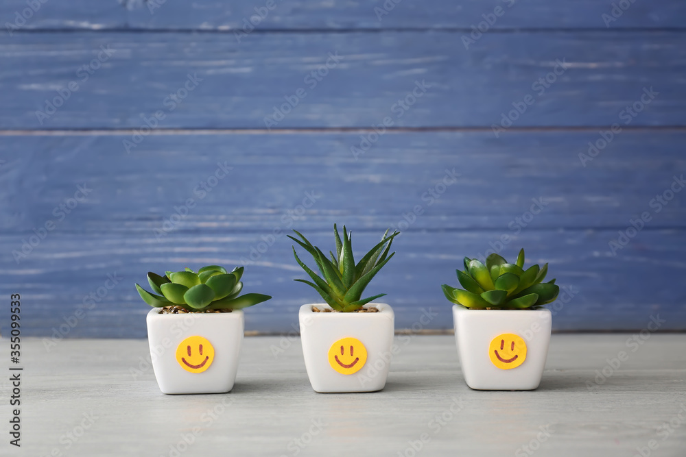 Houseplants with paper smiles on wooden background