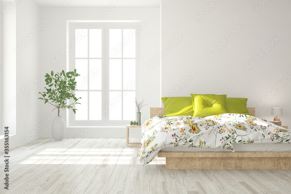 White stylish minimalist bedroom. Scandinavian interior design. 3D illustration