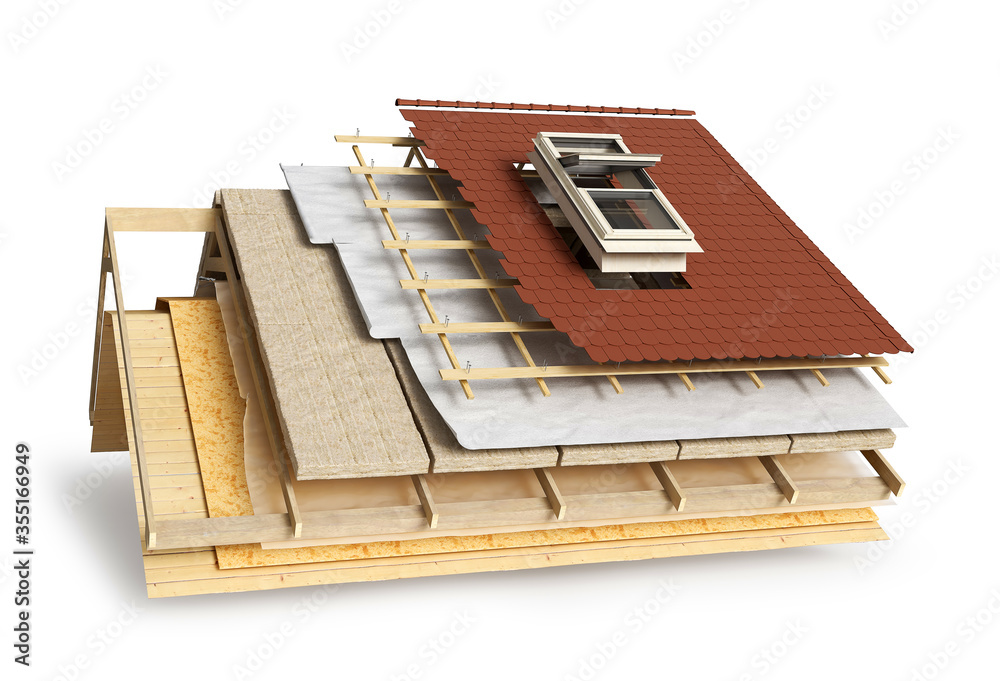 Layered scheme of roof covering and window installing, 3d illustration