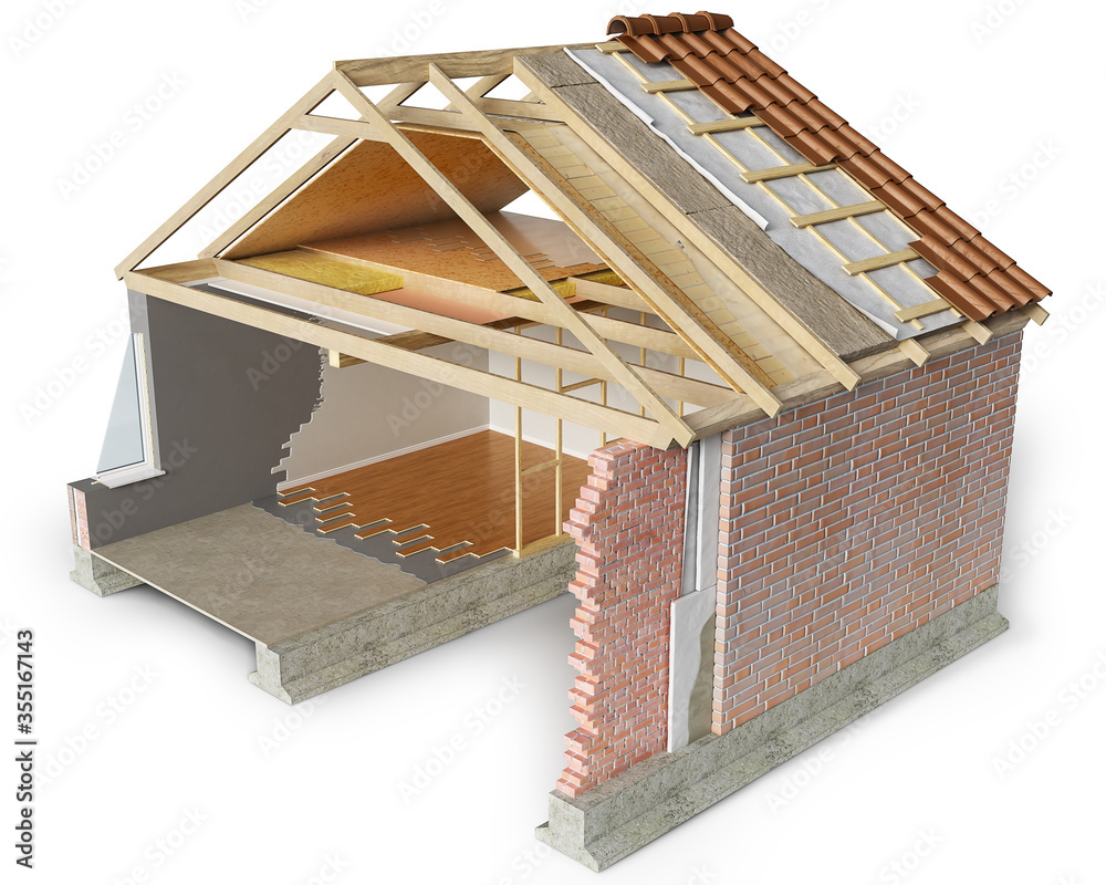 Cross section of roof layers and house in a building process, 3d illustration